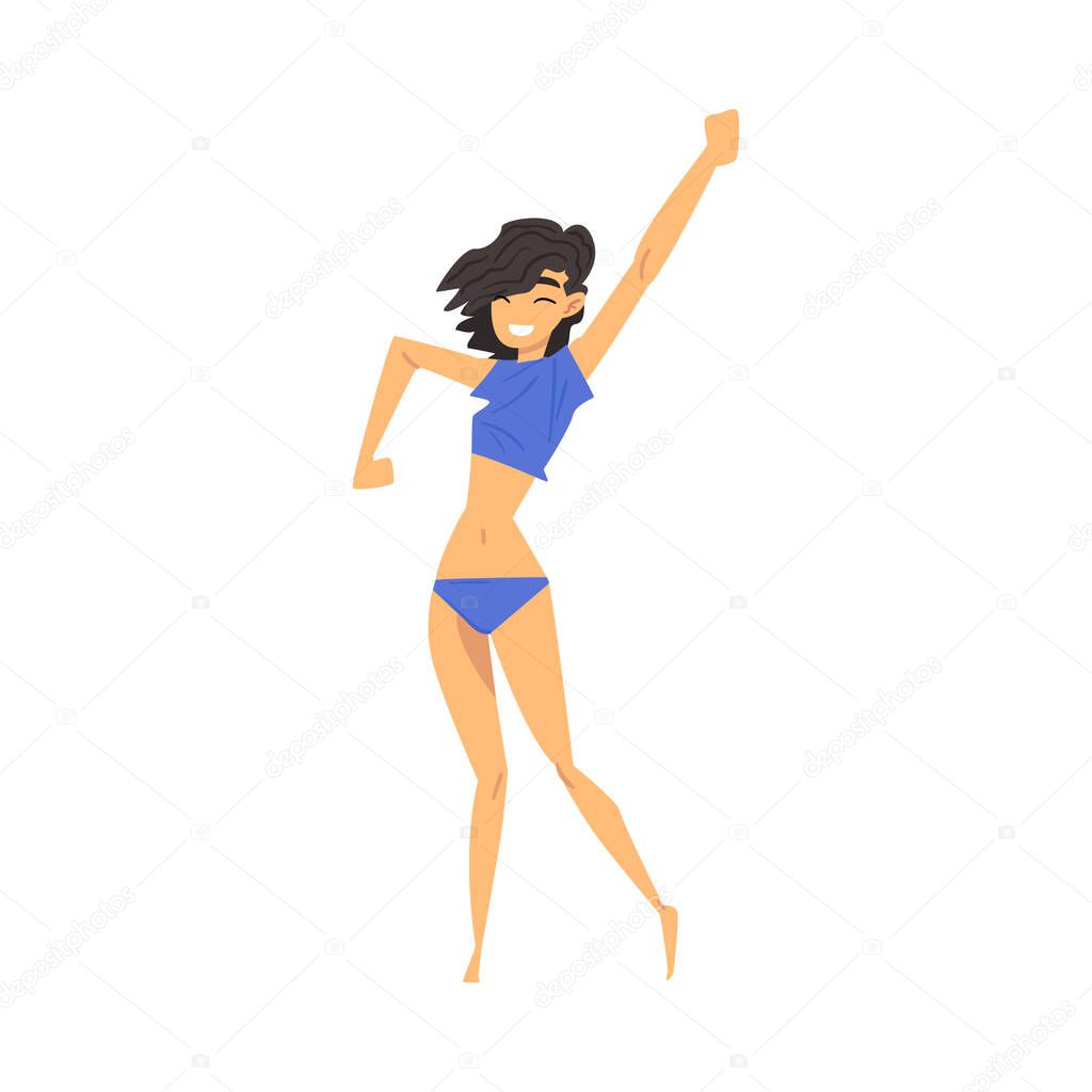 Happy Beautiful Brunette Woman in Blue Bikini Dancing at Swimming Pool Party Cartoon Style Vector Illustration on White Background