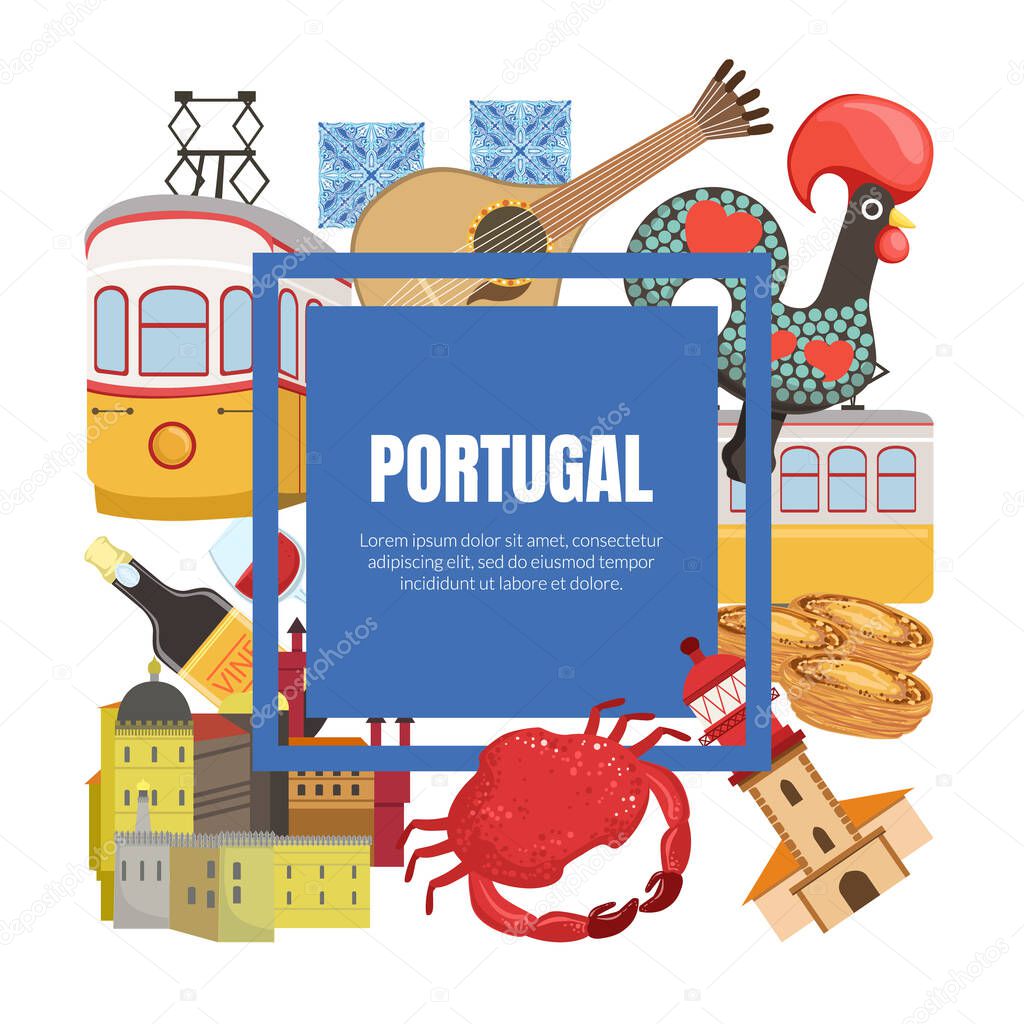 Portugal Banner Template with Portuguese Landmarks and National Symbols Vector Illustration