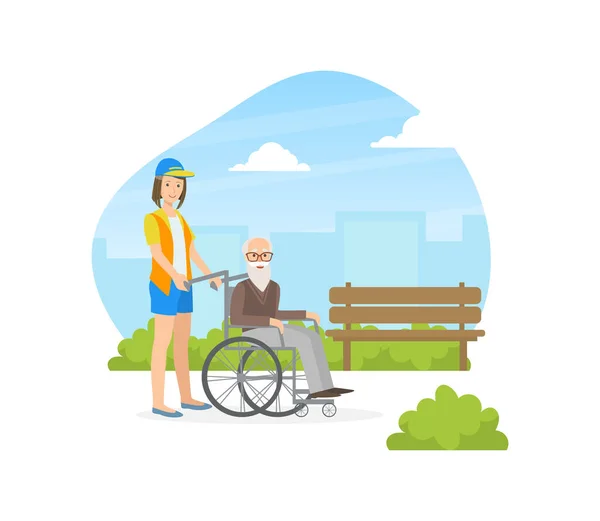 Vrouwelijke vrijwilliger helpt gehandicapte oudere man in een rolstoel, vrijwilligerswerk, liefdadigheid, ondersteuning van het concept vectorillustratie — Stockvector
