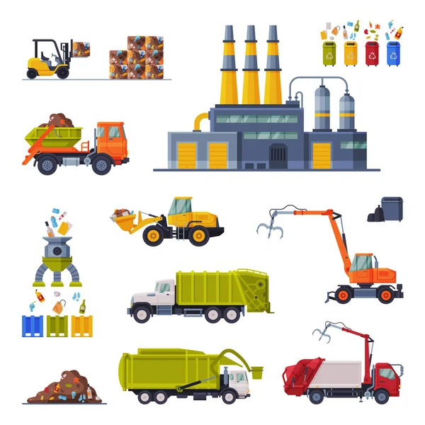 Conjunto de reciclaje de basura industrial, planta de procesamiento de residuos, camión de basura, recolección de basura, transporte, ilustración plana de vectores de separación — Vector de stock