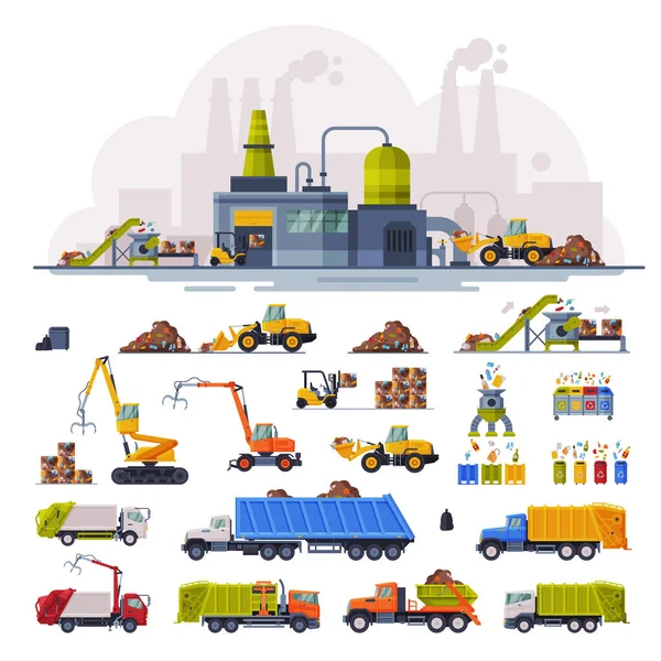 Zařízení na zpracování odpadu, průmyslová recyklace odpadu, sběr těžkých strojů pro přepravu odpadu, separaci a recyklaci plochých vektorových ilustrací — Stockový vektor