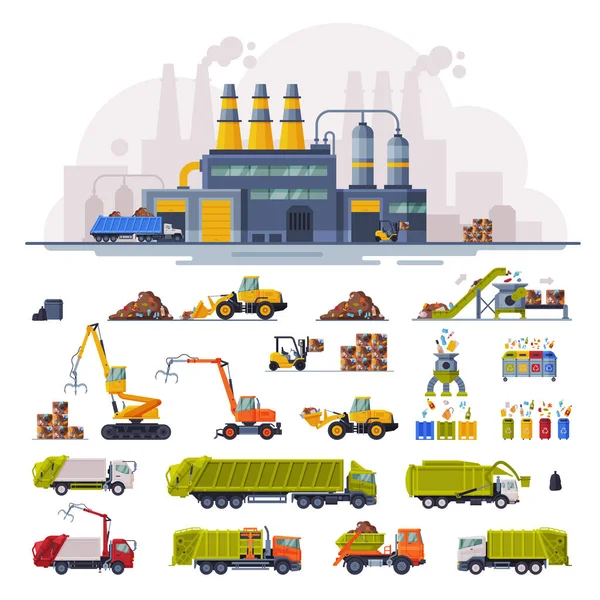 Impianto di trattamento dei rifiuti, riciclaggio industriale dei rifiuti, veicoli pesanti per il trasporto, la separazione e il riciclaggio dei rifiuti Set illustrazione vettoriale — Vettoriale Stock