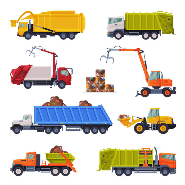 Heavy Special Sanitary Vehicles Set, Garbage Truck, Bulldozer, Waste Collection, Transportation and Recycling Concept Flat Style Vector Illustration