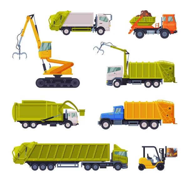 Speciella Fordon Set, Sopbil, Bulldozer, Avfall Insamling, Transport och Återvinning Koncept Flat Style Vector Illustration — Stock vektor