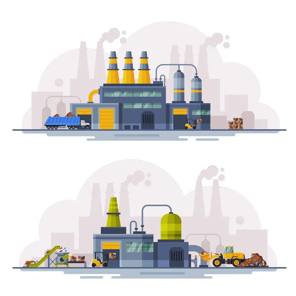 Ensemble de bâtiments industriels, Usines de traitement des déchets, Recyclage des déchets pour élimination ultérieure Illustration vectorielle plate — Image vectorielle