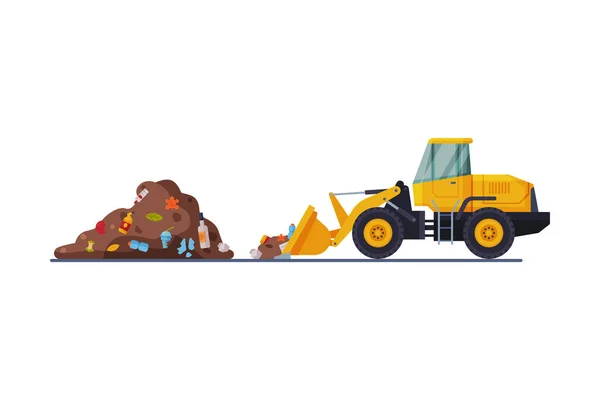 Gele moderne bulldozer voor vuilnisreiniging, zware speciale stortplaatsen machines, afvaltransport en recycling Concept Flat Style Vector Illustratie — Stockvector