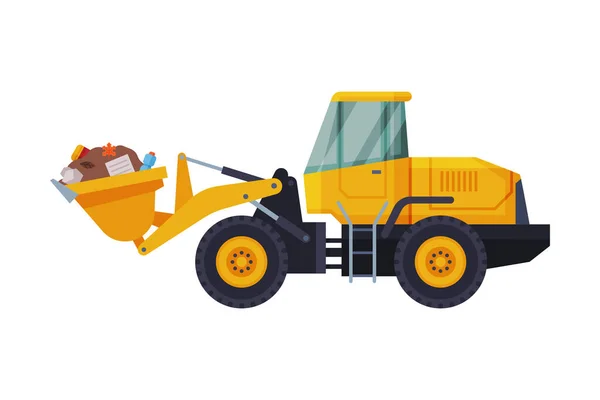 Bulldozer Moderno Amarelo com Lixo, Máquinas Especiais Pesadas para Aterros, Conceito de Transporte e Reciclagem de Resíduos Ilustração de Vetor de Estilo Plano — Vetor de Stock