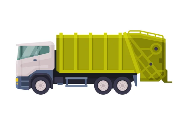 Green Garbage Truck Sanitary Vehicle, Waste Collection, Transportation and Recycling Concept Flat Style Vector Illustration on White Background — Stock Vector