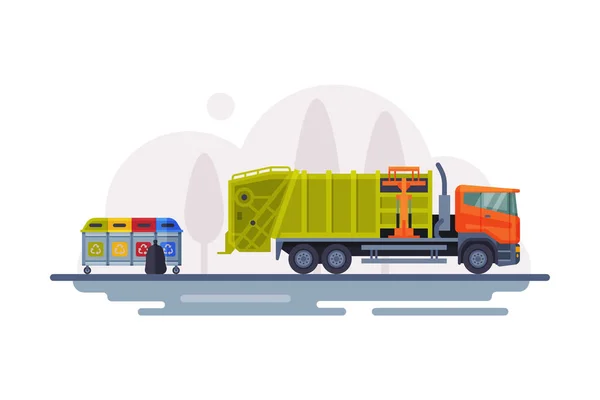 Städtische Müllwagen Sanitärfahrzeuge und Mülltonnen, Müllabfuhr, Transport und Recycling Konzept Flache Vektor-Illustration — Stockvektor