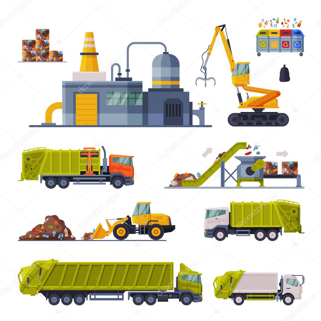 Industrial Garbage Recycling Set, Waste Processing Factory, Garbage Truck, Garbage Collection, Transportation, Separation and Recycling Flat Vector Illustration