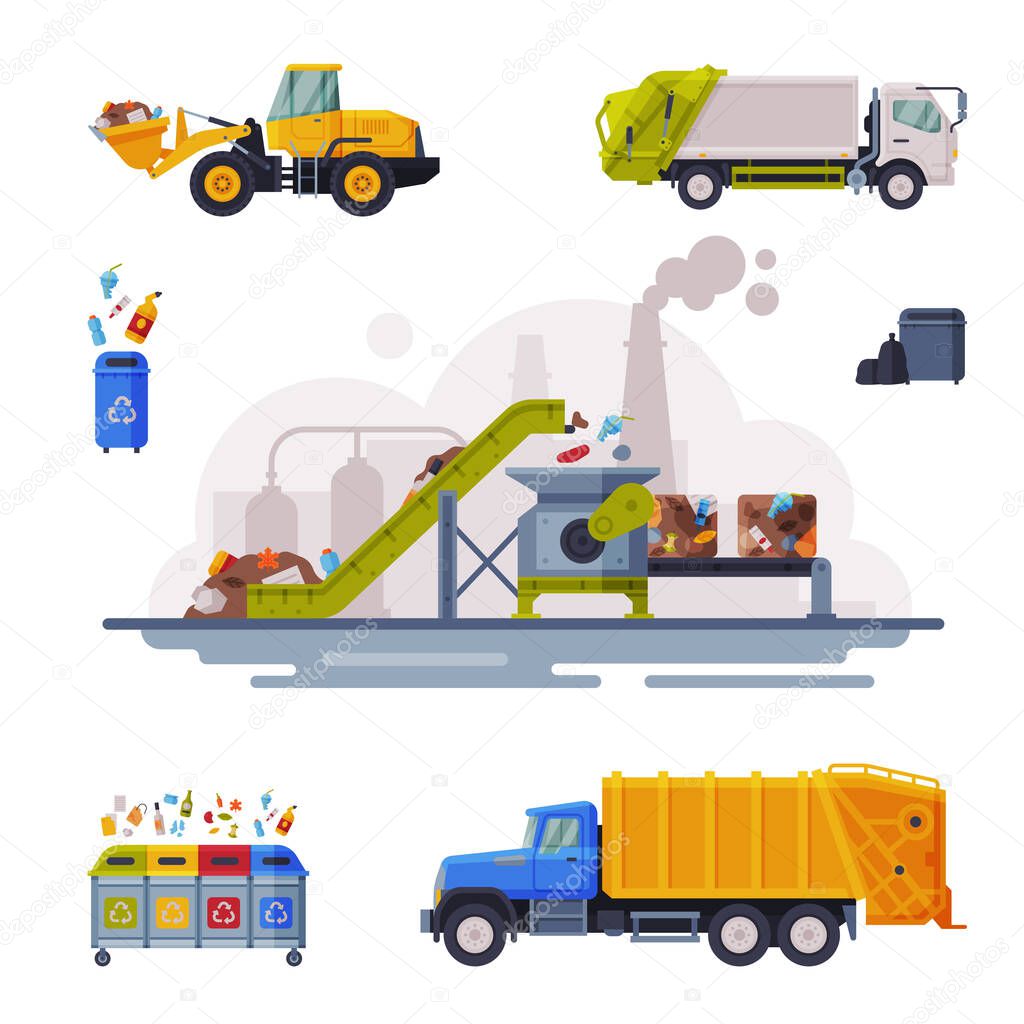 Garbage Disposal Set, Waste Collection, Transportation Sorting and Recycling Flat Style Vector Illustration