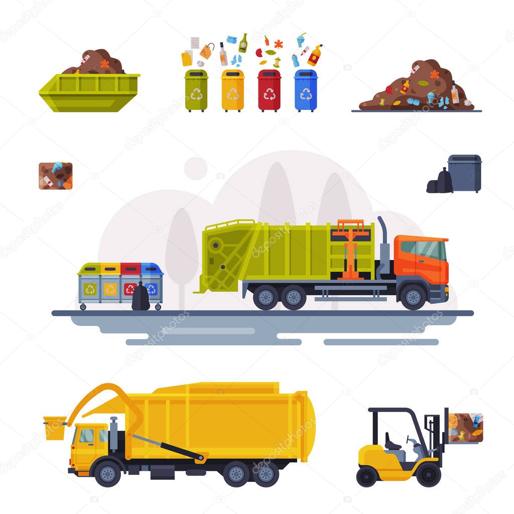 Garbage Disposal Set, Processingof Waste from Collection to Recycling Flat Vector Illustration