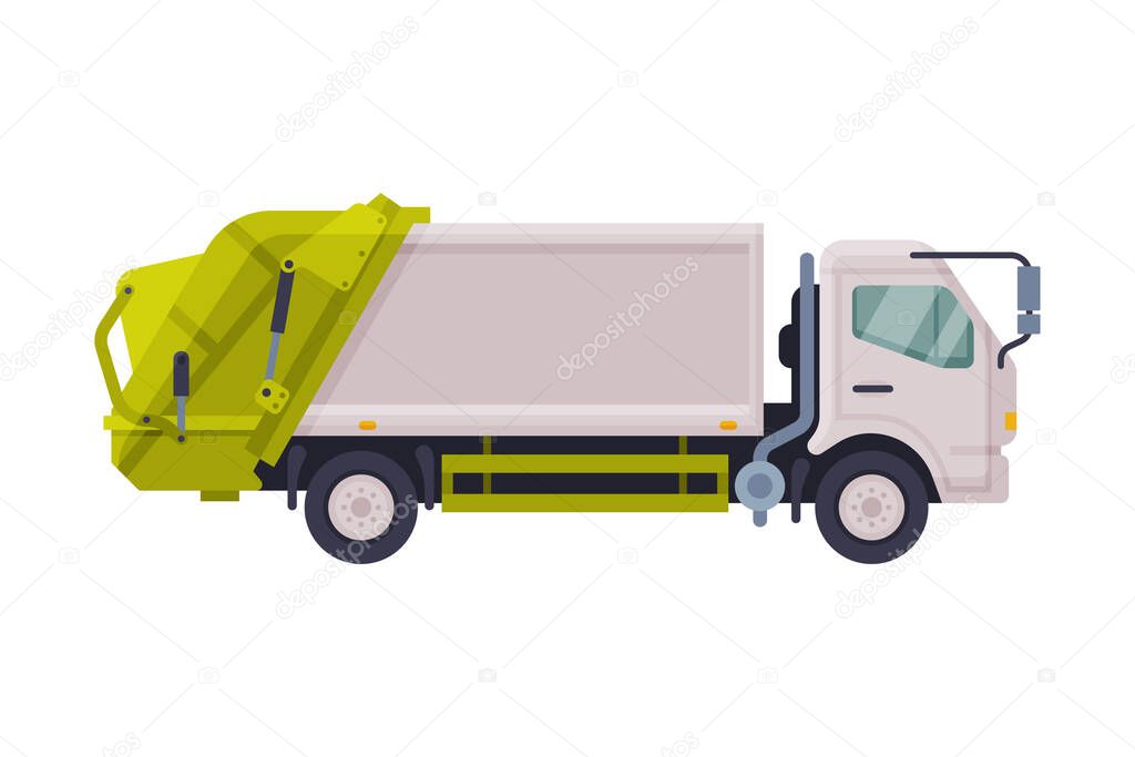 Modern Garbage Truck, Urban Heavy Sanitary Vehicle, Waste Recycling Concept Flat Style Vector Illustration on White Background