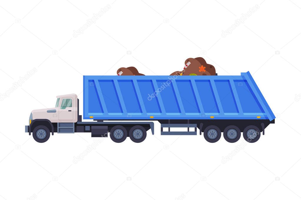 Garbage Truck Carrying Garbage, Urban Heavy Sanitary Vehicle, Waste Recycling Concept Flat Style Vector Illustration