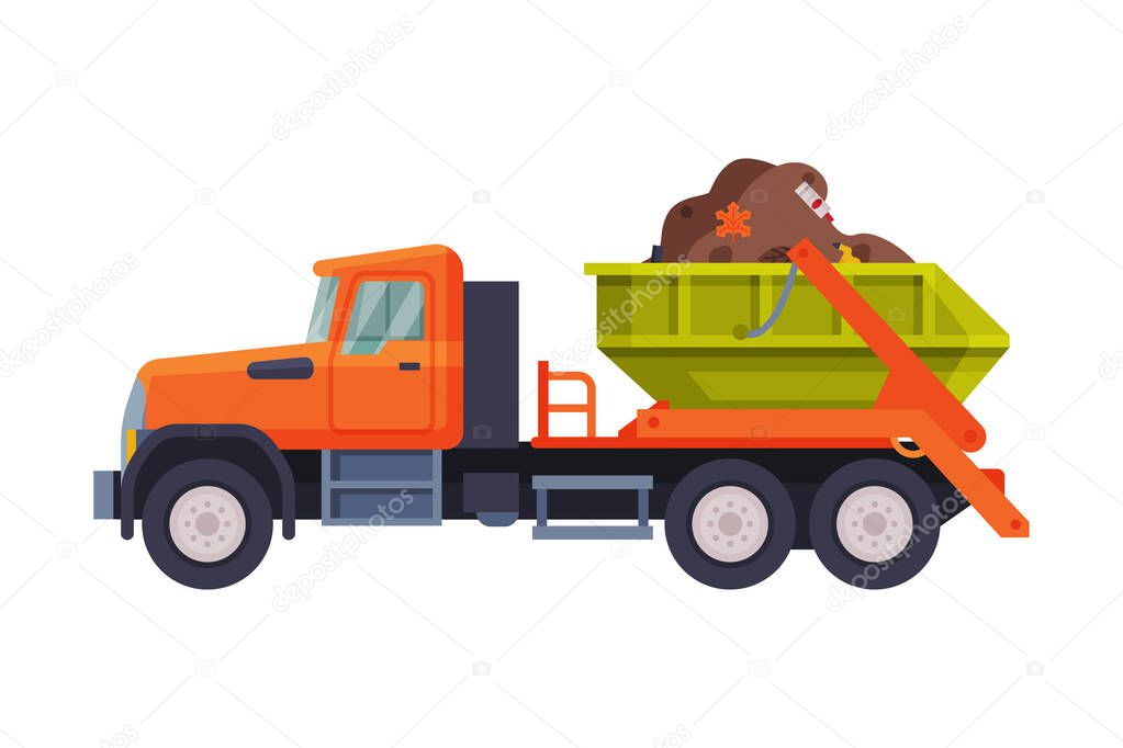 Truck Carrying Garbage, Heavy Sanitary Vehicle, Waste Collection, Transportation and Recycling Concept Flat Style Vector Illustration
