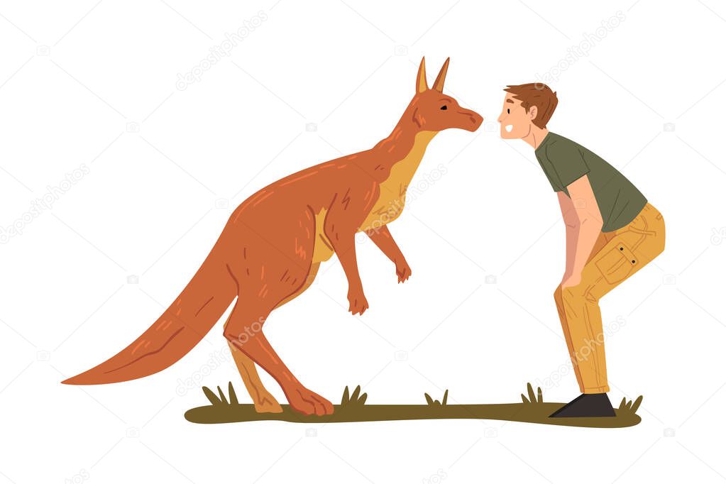 Male Zoo Worker and Kangaroo Looking at Each Other, Veterinarian or Professional Zookeeper Character Caring of Wild Animals in Zoo Cartoon Vector Illustration