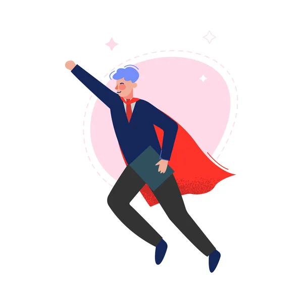 ( 영어 ) Super Man in Red Waving Cape Flying, Success Superhero Business Character, Leadership, Challenge Goal Achievement Vector Illustration — 스톡 벡터