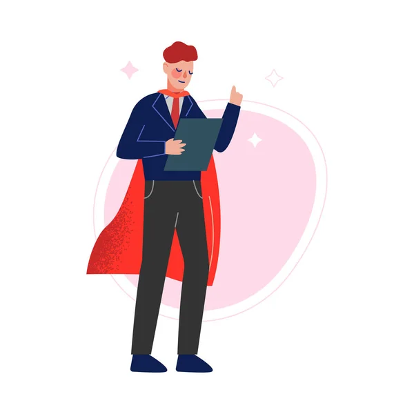 Super Man in Red Waving Cape Raising Up His Finger Giving Advice, Successful Superhero Business Person Character, Leadership, Challenge Goal Achievement Vector Illustration — Stock Vector