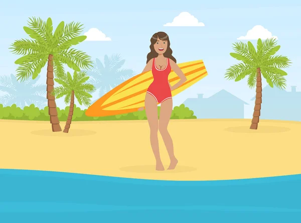 Schöne Mädchen im Badeanzug mit Surfbrett auf Tropical Beach Vector Illustration — Stockvektor