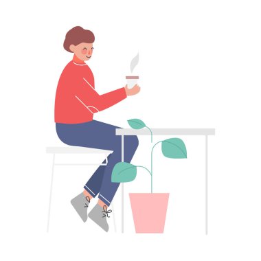 Masada oturan, kahve içen ve konuşan, Çalışma Sürecinde Genç Adam ya da Beyaz Arkaplanda Vektör Resimleriyle Buluşma