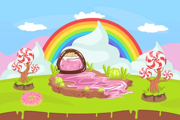 Sweet Candy Land, Fantasy Landschap met Regenboog, Desserts en Sweets Vector Illustratie — Stockvector