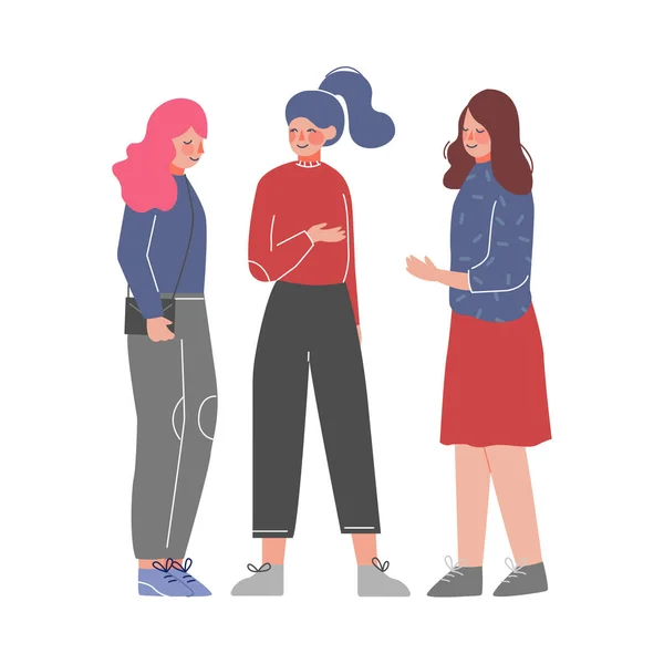 Три молоді жінки розмовляють та обговорюють зустрічі друзів або колег, дівчата діляться Госсіпсом Векторні ілюстрації на білому тлі — стоковий вектор