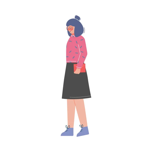Chica en ropa casual de pie con bolsa Vector Ilustración sobre fondo blanco — Archivo Imágenes Vectoriales