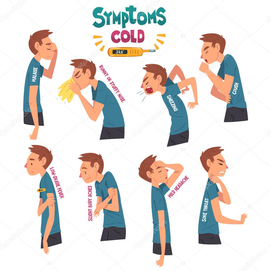 Cold Symptoms Set, Man Having Cough, Malaise, Runny or Stuffy Nose, Sore Throat, Low Grade Fever Cartoon Style Vector Illustration