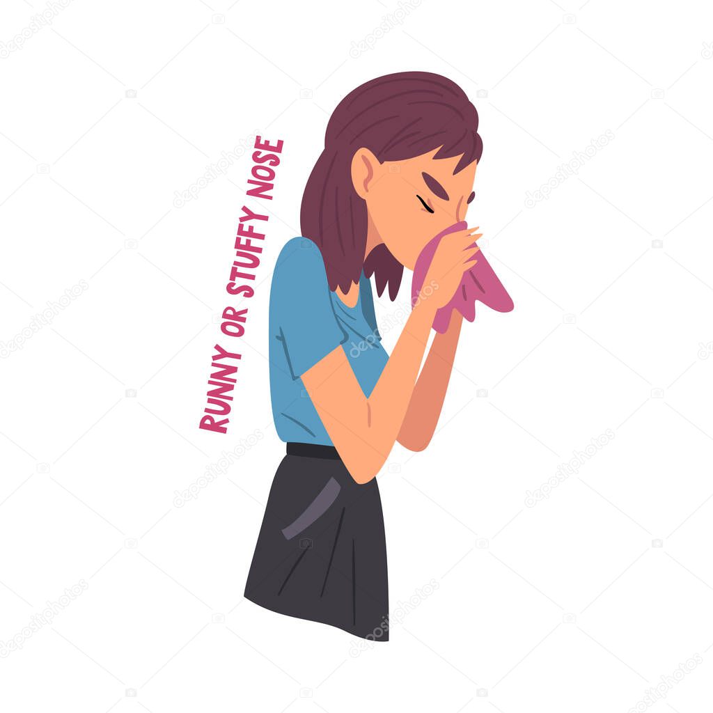 Cold Symptom, Girl Suffering from Runny or Stuffy Nose, Medical Treatment and Healthcare Concept Cartoon Style Vector Illustration