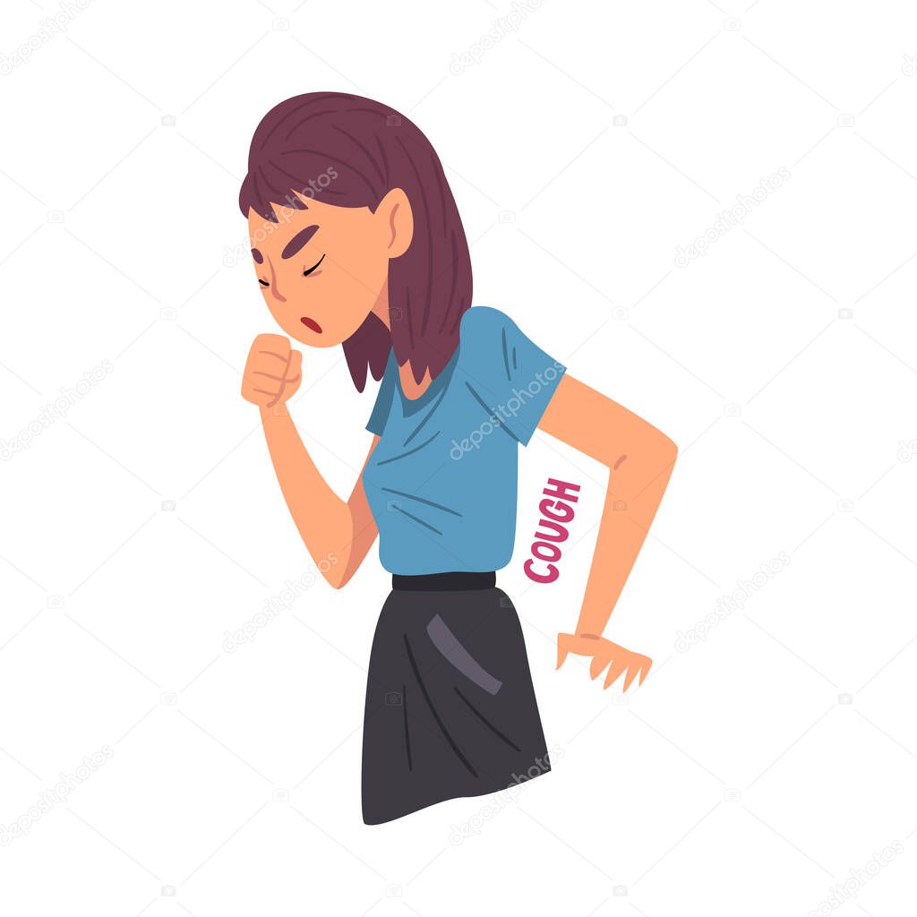 Cold Symptom, Girl Having Cough, Medical Treatment and Healthcare Concept Cartoon Style Vector Illustration