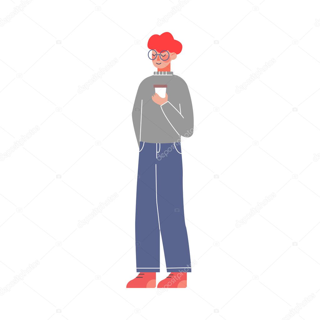 Young Man Standing with Paper Cup in his Hands Vector Illustration on White Background