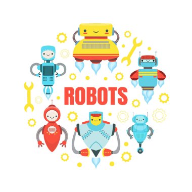 Robot Sancak Şablonu: Yuvarlak Şekil Sevimli Android Robotları, Robot Teknolojisi, Otomasyon Vektör İllüzyonu