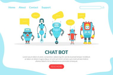 Sohbet Robotu İniş Şablonu, Şirin Arkadaş Canlısı Android Robotlar, Yapay Zeka, Robot Teknolojisi, Otomasyon Konsepti Web Afişi, Web Sitesi, Ana Sayfa Vektör İllüstrasyonu