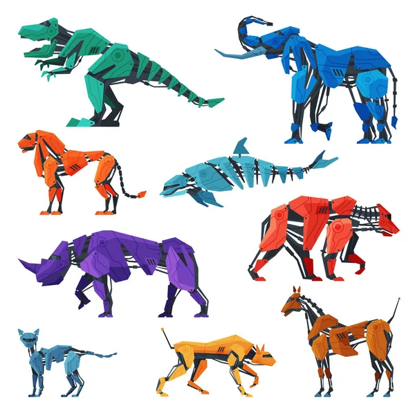 Animals Robots Set, Dinozor, Fil, Yunus, Ayı, At, Köpek, Aslan Yapay Zeka Robot Yaratıkları Vektör İlülasyonu — Stok Vektör