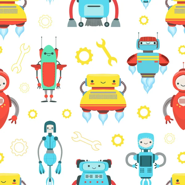 Inteligência Artificial, Tecnologia Robótica Padrão sem costura com robôs Android amigáveis bonitos, Elemento de design pode ser usado para tecido, papel de parede, ilustração de vetor de embalagem — Vetor de Stock