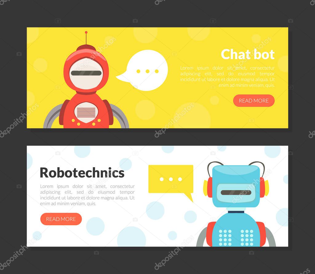Chat Bot, Robotechnics Landing Page Templates Set, Cute Friendly Android Robots, Artificial Intelligence, Robotic Technology, Automation Concept Web Banner, Website, Homepage Vector Illustration