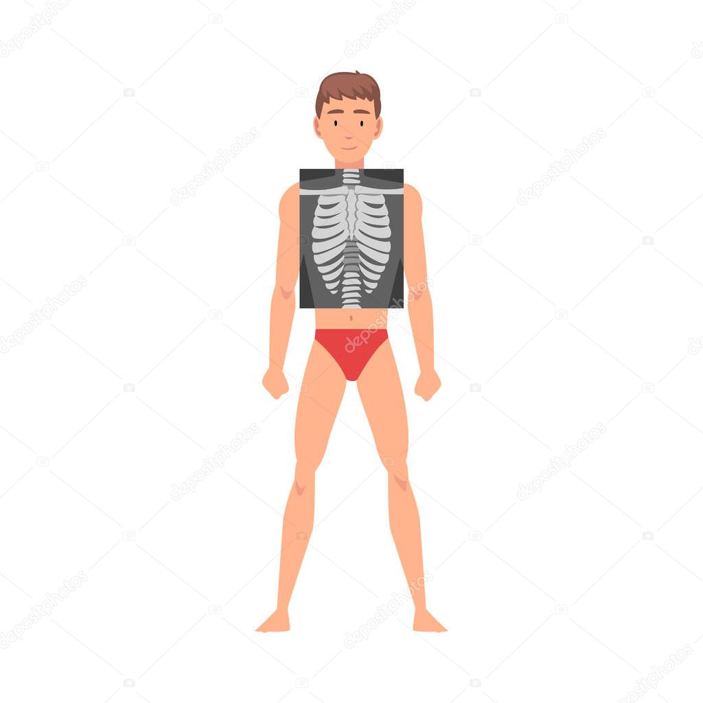 Young Man Standing in Undershorts Doing His Chest Roentgen Vector Illustration