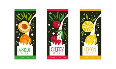 Meyve Sütü Paketleme Etiketi Tasarım Seti, Kayısı, Kiraz, Limon Doğal Organik Taze Sağlıklı Süt Ürünleri Çizgi Filmi Stili Vektör İlülasyonu