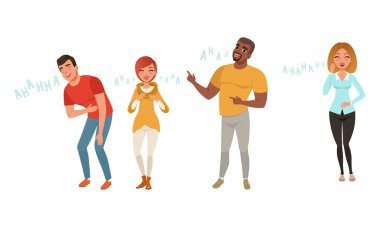 Neşeli Erkek ve Kadınlar Olumlu Mizahla Gülüyor Çizgi Film Stili Vektör İllüstrasyonu