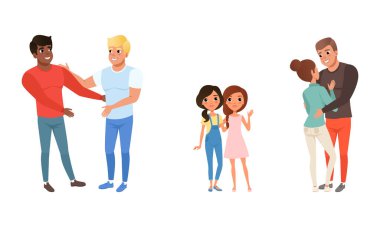 Çocuklu Farklı Aileler, Homoseksüel ve Geleneksel Aile Çiftleri Çizgi Film Tarzı Vektör İllüzyonu