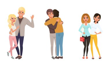 Farklı Aileler, Mutlu Homoseksüeller, Lezbiyen ve Geleneksel Karikatür Tarzı Vektör İllüzyonu