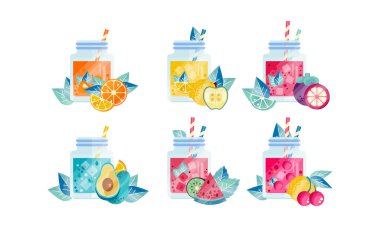 Yaz Meyveli Meyve Smoothie Seti, Olgun Meyveli Taze Sağlıklı İçecekler, Portakal, Elma, Mangosteen, Avokado, Karpuz Vektör İllüstrasyonu