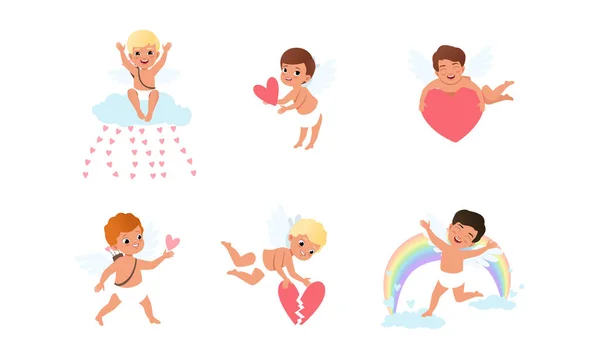 Conjunto de personagens adoráveis cupido, adorável bebê anjos desenhos animados estilo vetor ilustração — Vetor de Stock