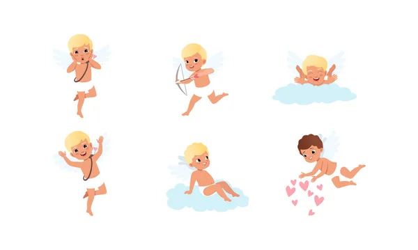 Happy Lovely Cupid Boys Personagens Set, Adorável Bebê Anjos Desenhos Animados Estilo Vetor Ilustração — Vetor de Stock