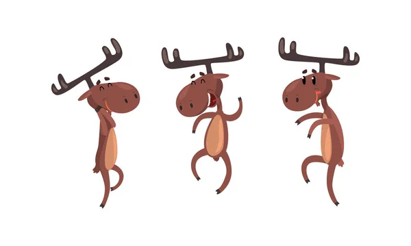 Set van grappige bruine eland in verschillende houdingen set, schattig elandcartoon karakter dansen op zijn achterpoten cartoon stijl vector illustratie — Stockvector