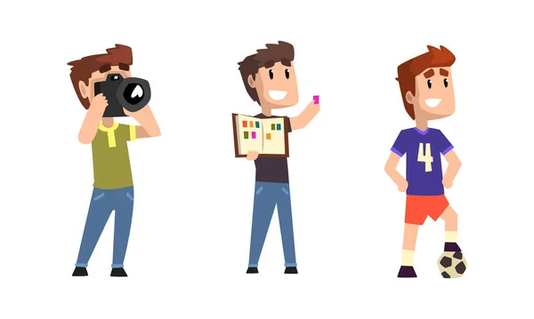 Male Creative Occupation Set, Photographer, Philatelist, Soccer Player Cartoon Style Vector Illustration