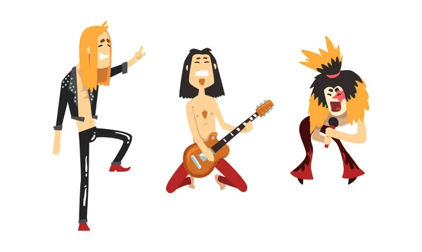Conjunto de personagens de músicos de rock engraçado, membros da banda de heavy metal tocando guitarra e cantando ilustração do vetor do estilo dos desenhos animados — Vetor de Stock