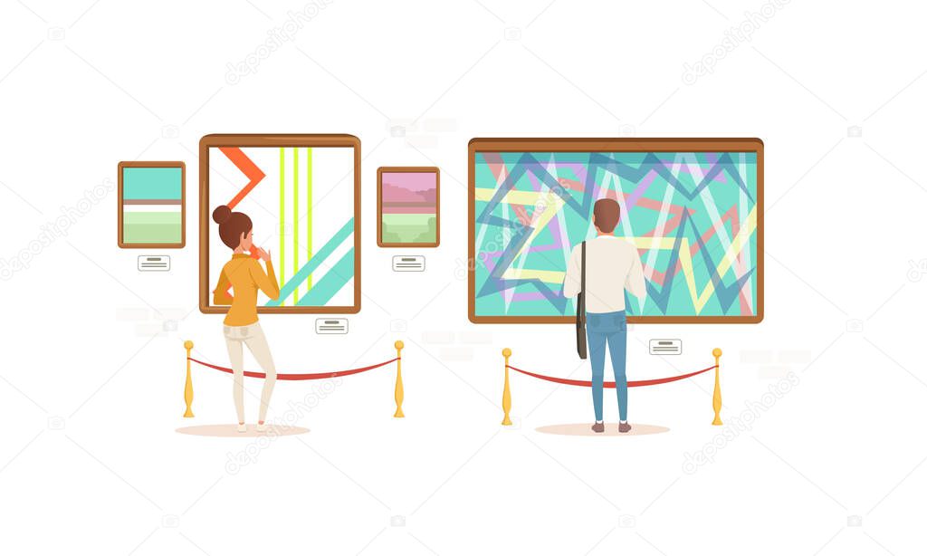 Visitors Viewing Modern Abstract Paintings, People Visiting Modern Art Exhibition Gallery or Museum Cartoon Style Vector Illustration