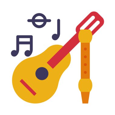 Akustik Gitar ve Flüt, Okul Malzemeleri, Eğitimsel ve Okula Dönüş Elementleri Beyaz Arkaplan Üzerine Düz Şekil Vektör Resimleri