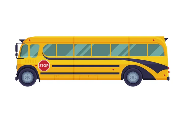 Vista laterale del bus scolastico giallo, veicolo di trasporto degli studenti scolastici Illustrazione vettoriale in stile piatto su sfondo bianco — Vettoriale Stock